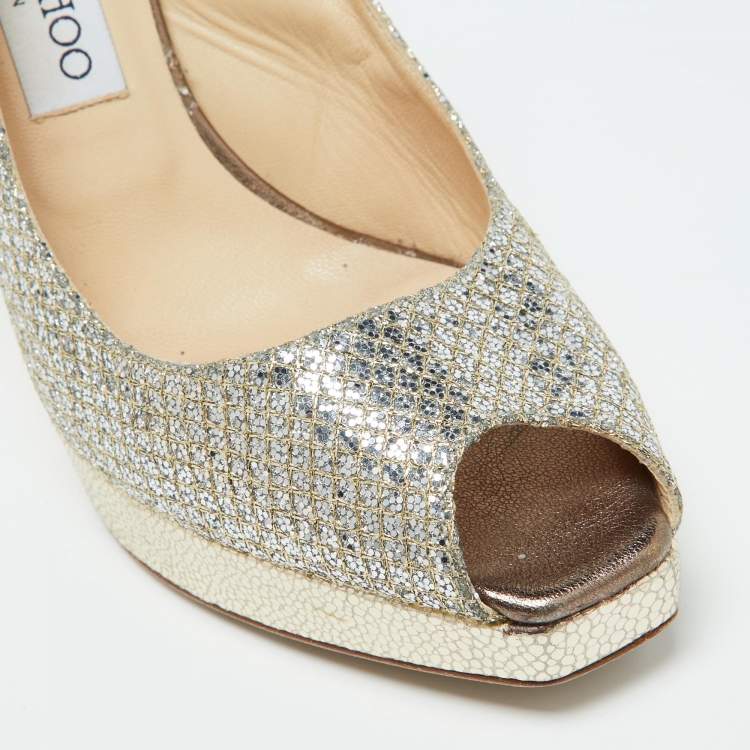 Pre Owned Jimmy Choo Gold Lurex Fabric Nova Peep Toe Slingback Sandals Size 39