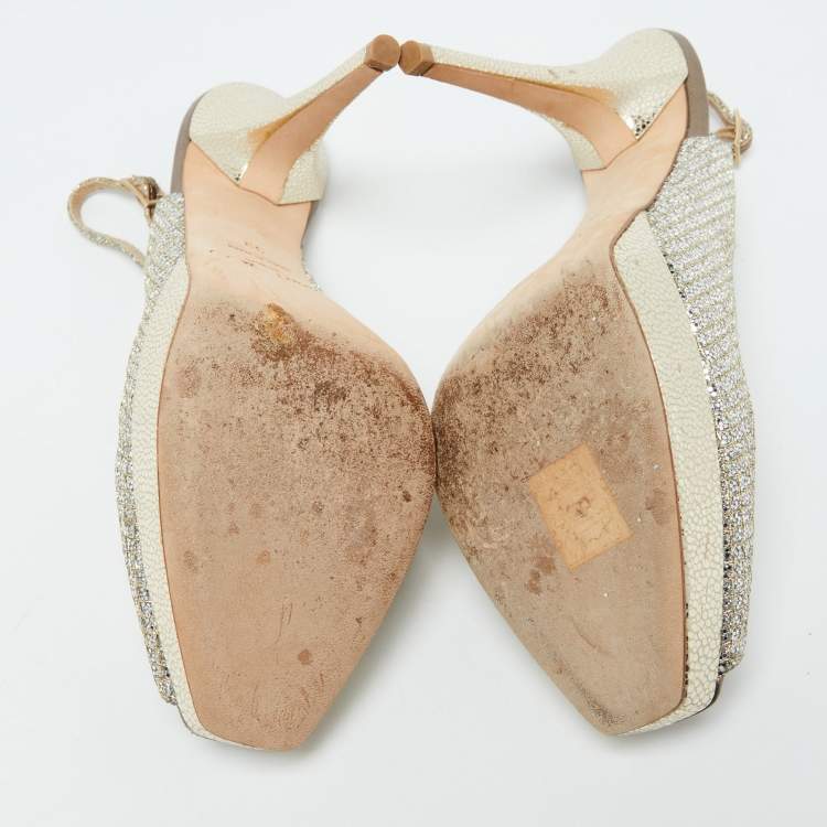 Pre Owned Jimmy Choo Gold Lurex Fabric Nova Peep Toe Slingback Sandals Size 39