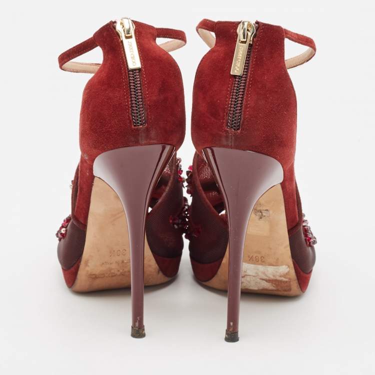 Pre Owned Jimmy Choo Burgundy Mesh and Suede Embellished Ankle Strap Sandals Size 38.5