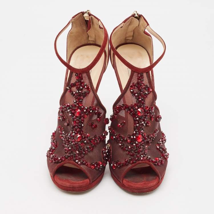 Pre Owned Jimmy Choo Burgundy Mesh and Suede Embellished Ankle Strap Sandals Size 38.5