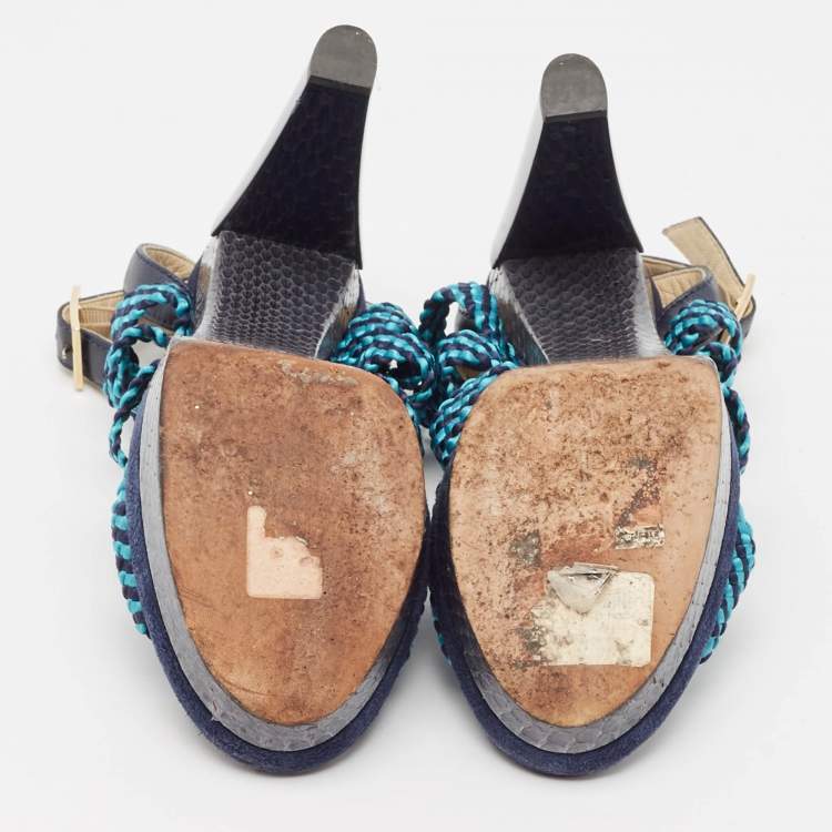 Pre Owned Jimmy Choo Two Tone Woven Leather and Python Ankle Strap Sandals Size 39