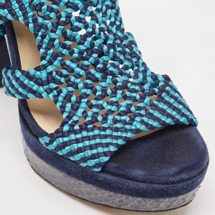 Pre Owned Jimmy Choo Two Tone Woven Leather and Python Ankle Strap Sandals Size 39
