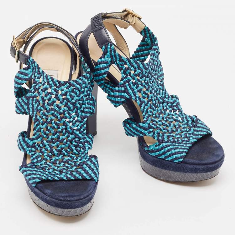 Pre Owned Jimmy Choo Two Tone Woven Leather and Python Ankle Strap Sandals Size 39