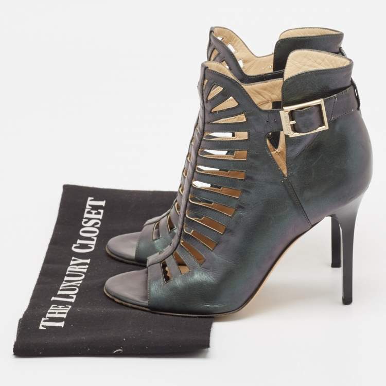 Pre Owned Jimmy Choo Metallic Two Tone Leather Open Toe Booties Size 38