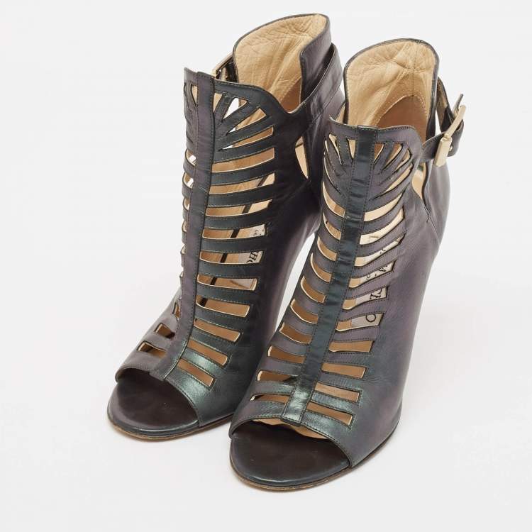 Pre Owned Jimmy Choo Metallic Two Tone Leather Open Toe Booties Size 38
