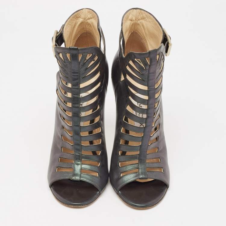 Pre Owned Jimmy Choo Metallic Two Tone Leather Open Toe Booties Size 38