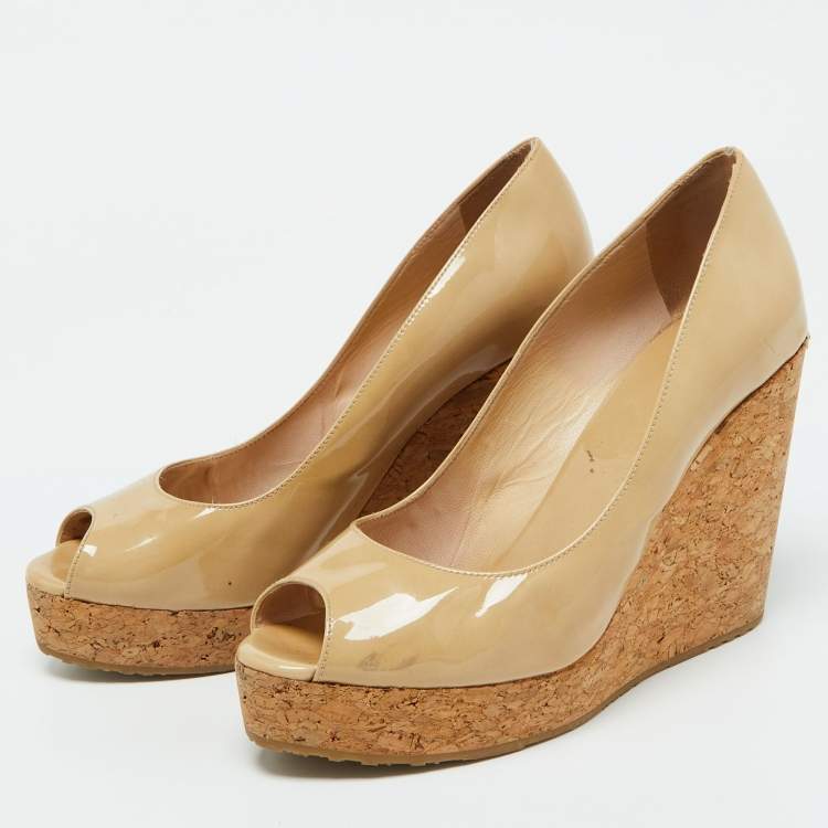 Pre Owned Jimmy Choo Beige Patent Leather Parley Cork Platform Wedge Pumps Size 39.5