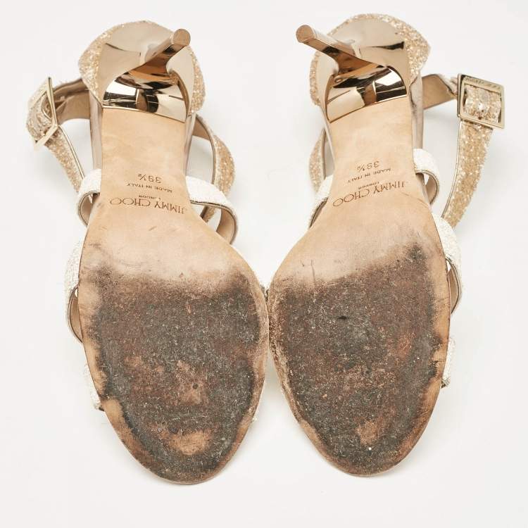 Pre Owned Jimmy Choo White/Brown Coarse Glitter Lottie Sandals Size 39.5
