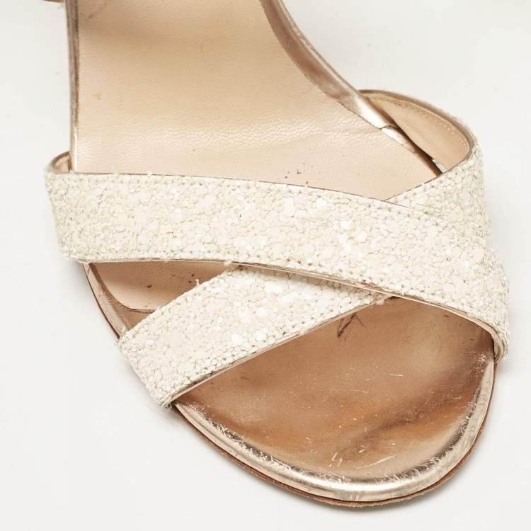Pre Owned Jimmy Choo White/Brown Coarse Glitter Lottie Sandals Size 39.5