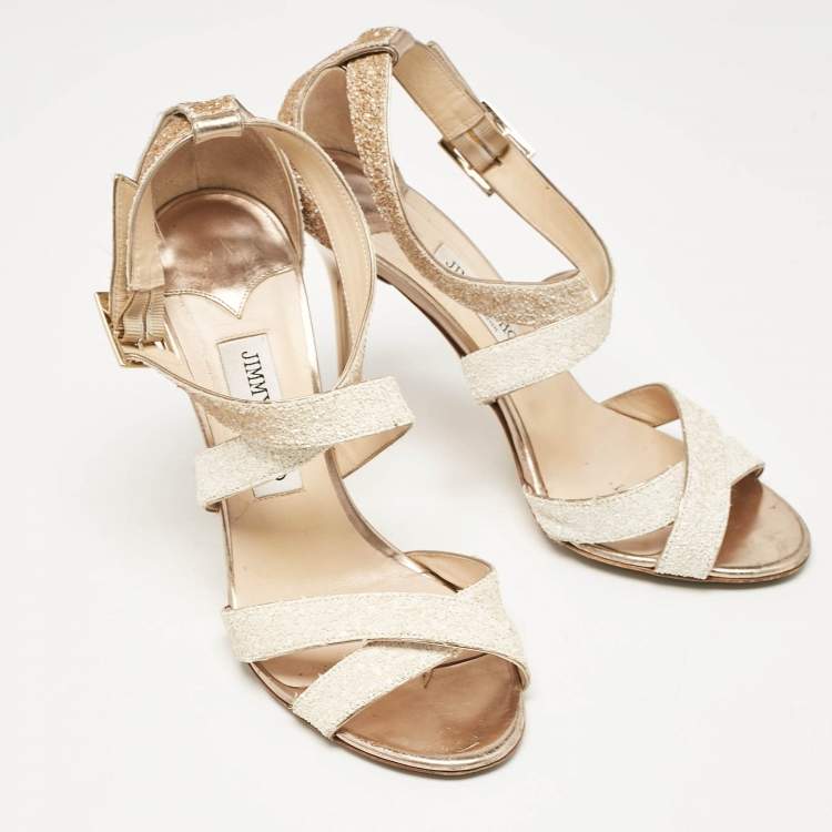 Pre Owned Jimmy Choo White/Brown Coarse Glitter Lottie Sandals Size 39.5