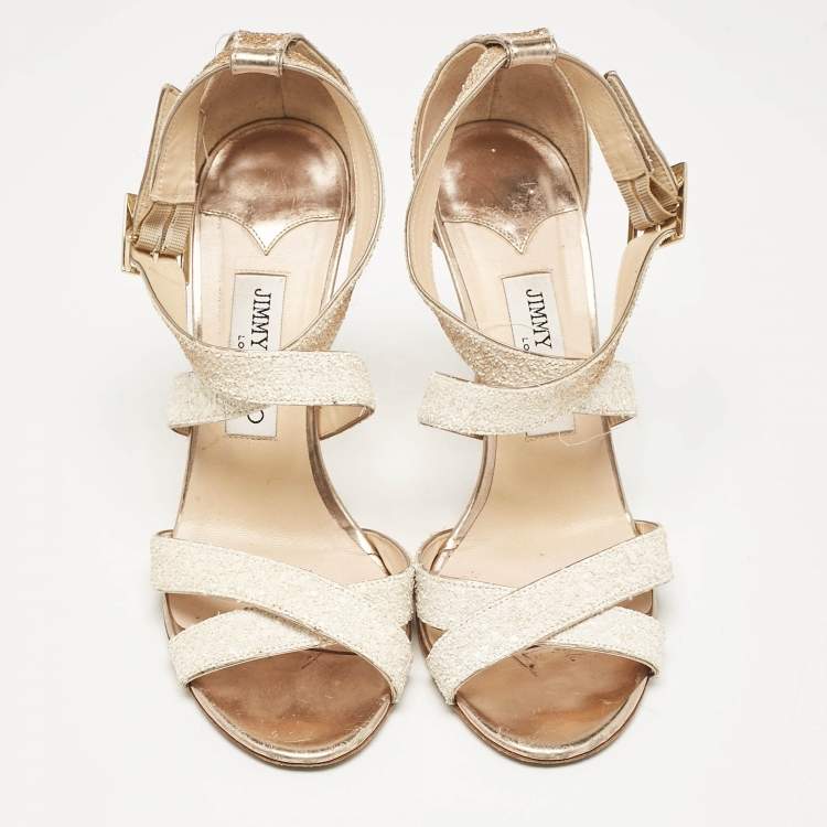 Pre Owned Jimmy Choo White/Brown Coarse Glitter Lottie Sandals Size 39.5