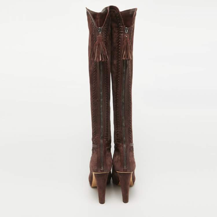 Pre Owned Jimmy Choo Burgundy Leather and Suede Knee Length Boots Size 40