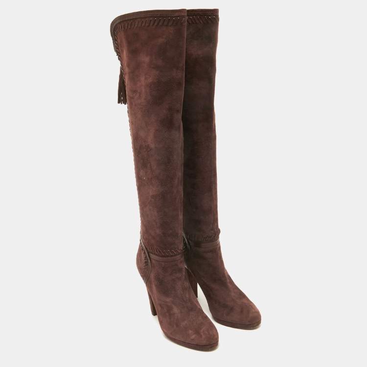 Pre Owned Jimmy Choo Burgundy Leather and Suede Knee Length Boots Size 40