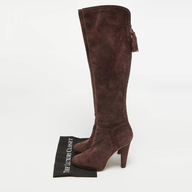 Pre Owned Jimmy Choo Burgundy Leather and Suede Knee Length Boots Size 40