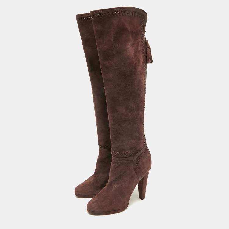 Pre Owned Jimmy Choo Burgundy Leather and Suede Knee Length Boots Size 40