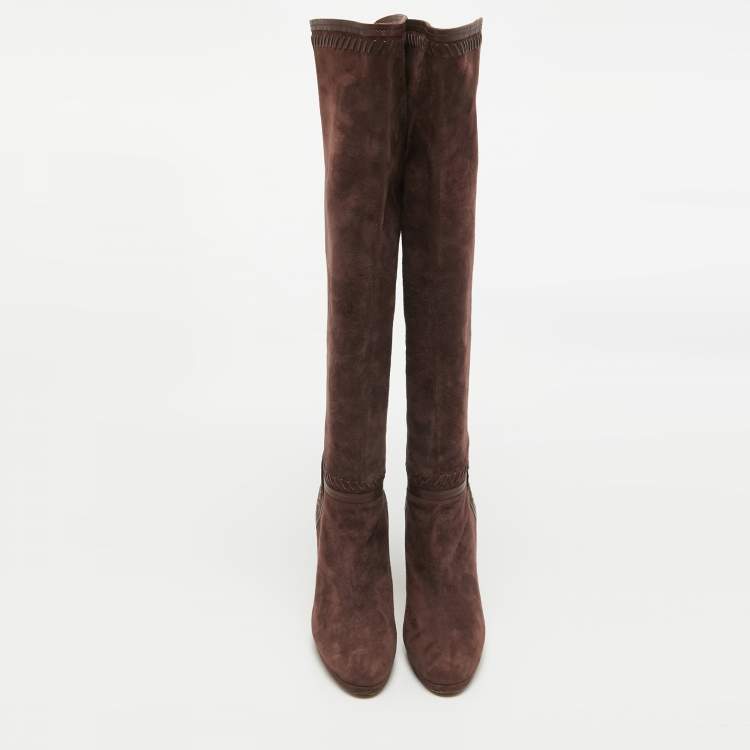 Pre Owned Jimmy Choo Burgundy Leather and Suede Knee Length Boots Size 40