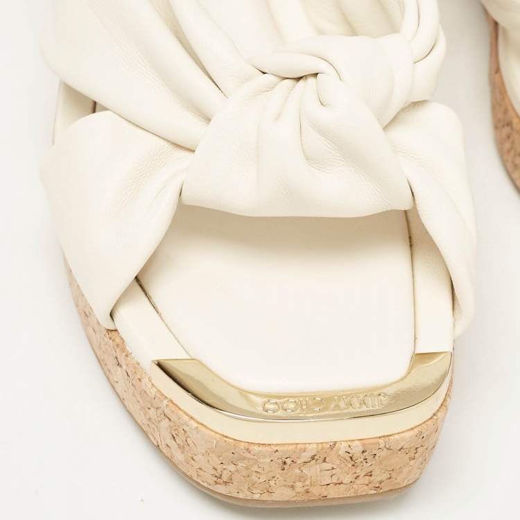 مملوكة مسبقًا Jimmy Choo Cream Knotted Leather Avenue Wedge Sandals Size 40