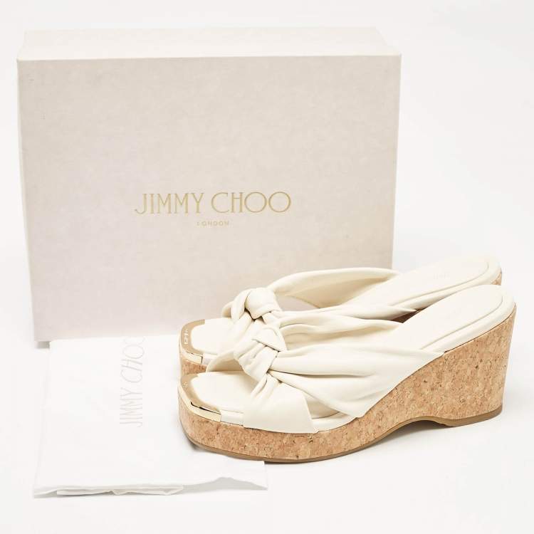 مملوكة مسبقًا Jimmy Choo Cream Knotted Leather Avenue Wedge Sandals Size 40
