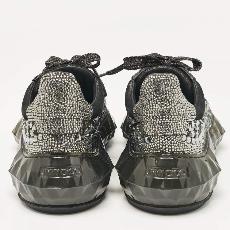 Pre Owned Jimmy Choo Metallic Black Suede Embellished Diamond Sneakers Size 39