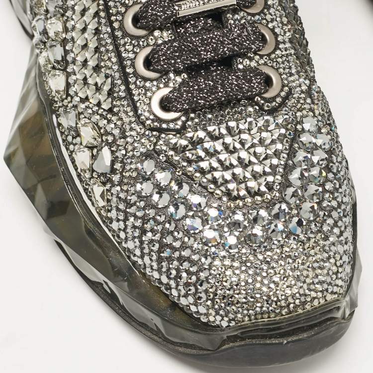 Pre Owned Jimmy Choo Metallic Black Suede Embellished Diamond Sneakers Size 39