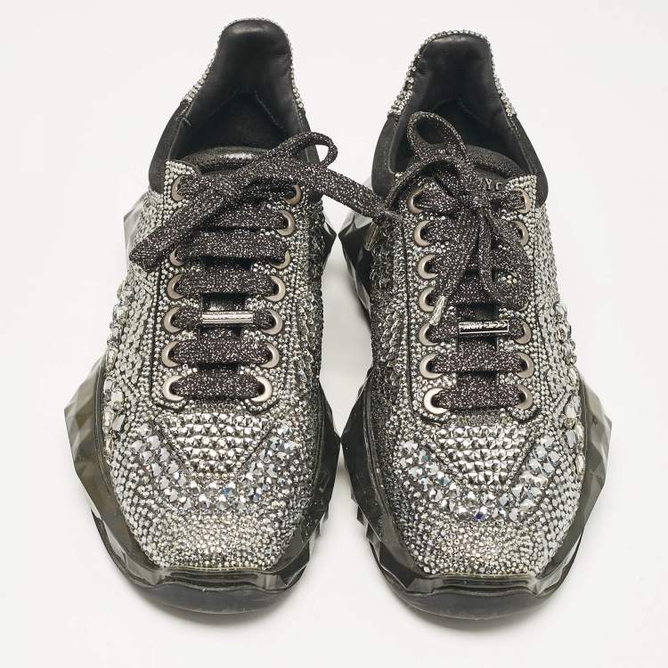 Pre Owned Jimmy Choo Metallic Black Suede Embellished Diamond Sneakers Size 39
