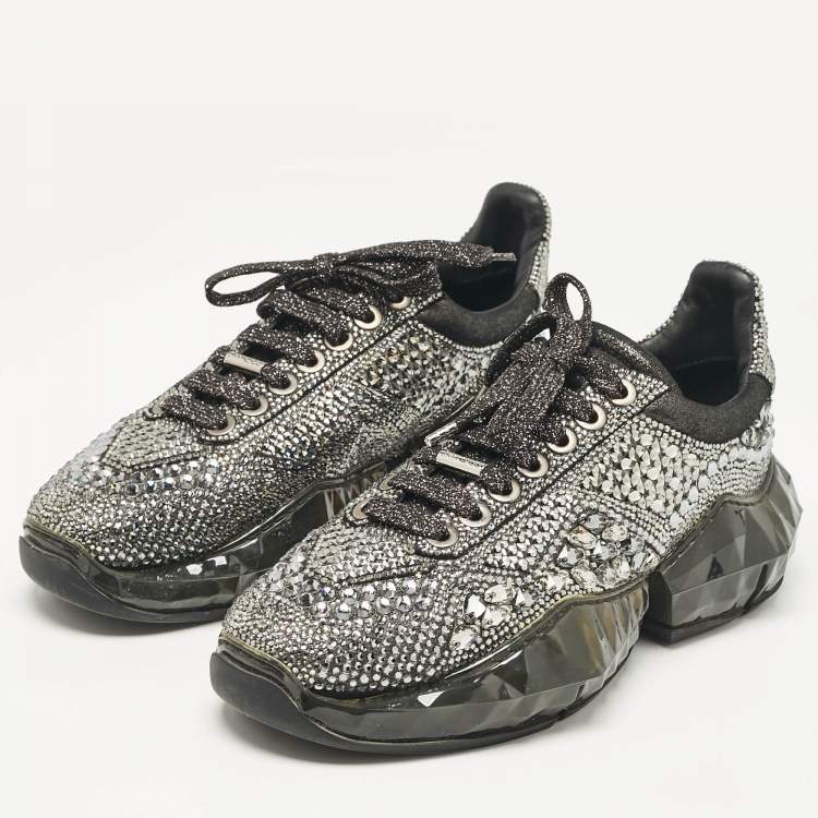 Pre Owned Jimmy Choo Metallic Black Suede Embellished Diamond Sneakers Size 39