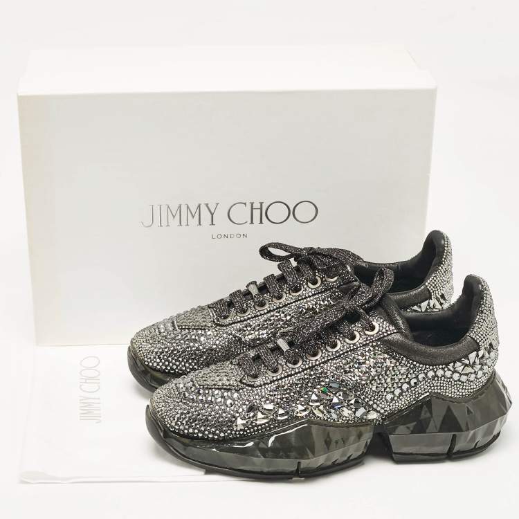 Pre Owned Jimmy Choo Metallic Black Suede Embellished Diamond Sneakers Size 39