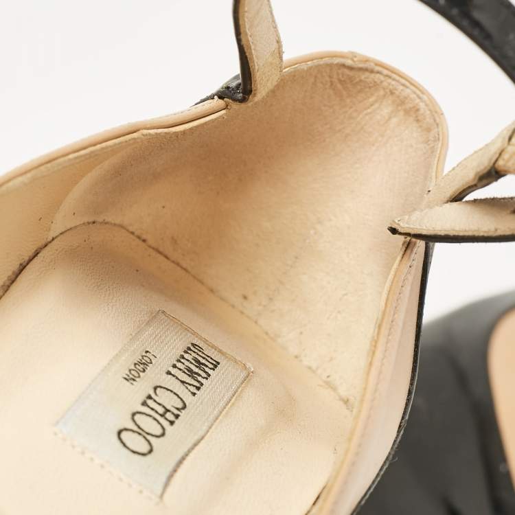 Pre Owned Jimmy Choo Black/Beige Leather and Patent Siskin Platform Pumps Size 40