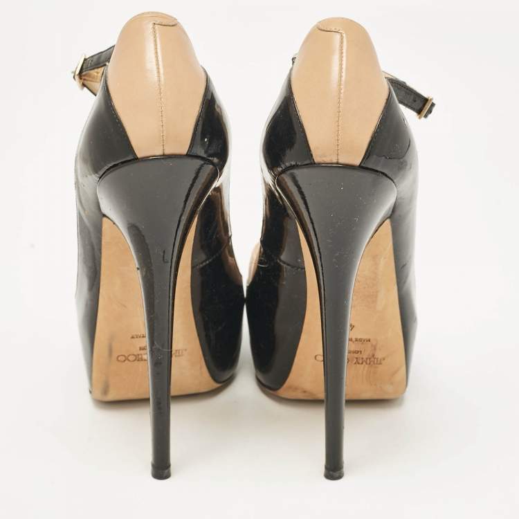 Pre Owned Jimmy Choo Black/Beige Leather and Patent Siskin Platform Pumps Size 40