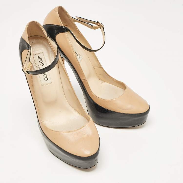Pre Owned Jimmy Choo Black/Beige Leather and Patent Siskin Platform Pumps Size 40