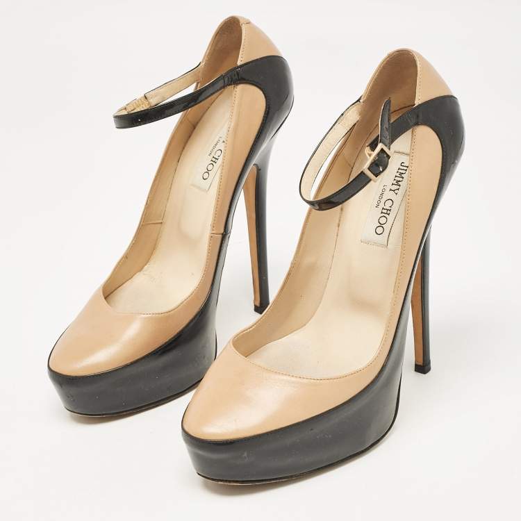 Pre Owned Jimmy Choo Black/Beige Leather and Patent Siskin Platform Pumps Size 40