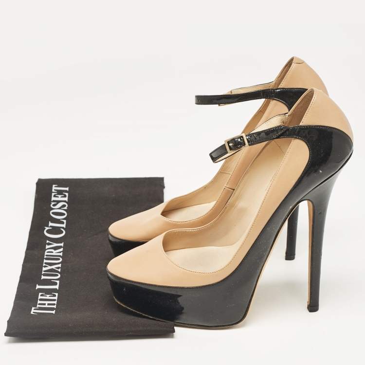 Pre Owned Jimmy Choo Black/Beige Leather and Patent Siskin Platform Pumps Size 40