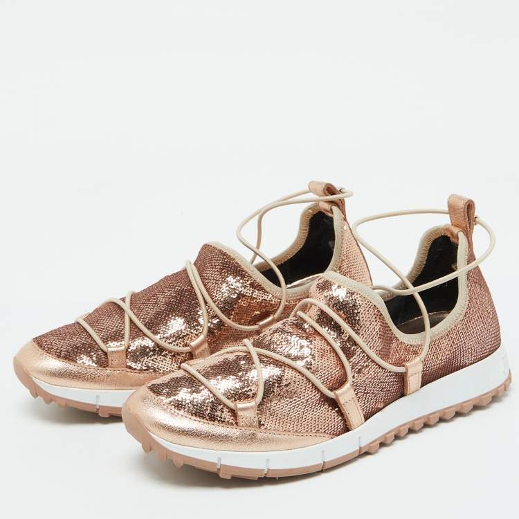 Pre Owned Jimmy Choo Rose Pink Metallic Leather and Sequins Andrea Sneakers Size 38