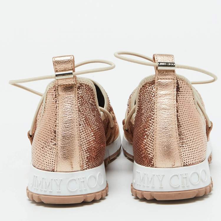 Pre Owned Jimmy Choo Rose Pink Metallic Leather and Sequins Andrea Sneakers Size 38