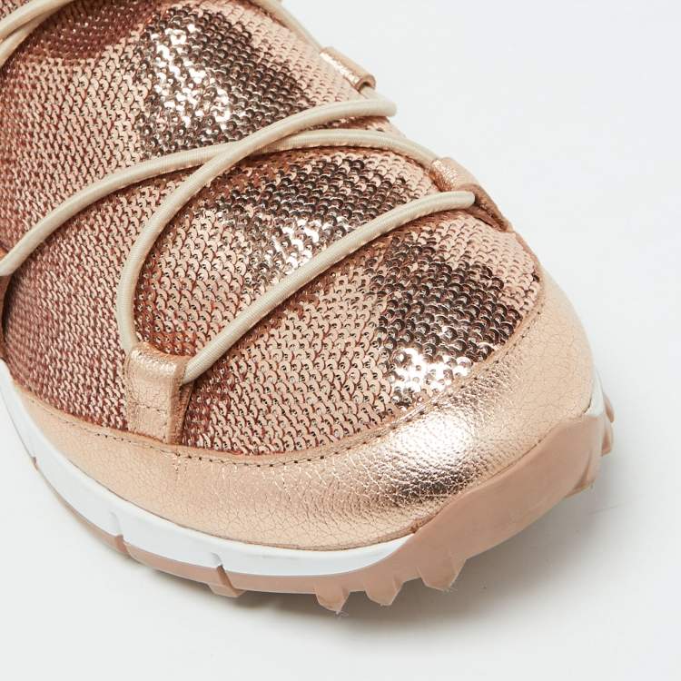 Pre Owned Jimmy Choo Rose Pink Metallic Leather and Sequins Andrea Sneakers Size 38