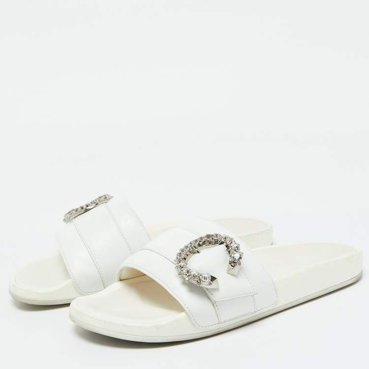 Pre Owned Jimmy Choo White Leather Crystal Embellished Flat Slides Size 41