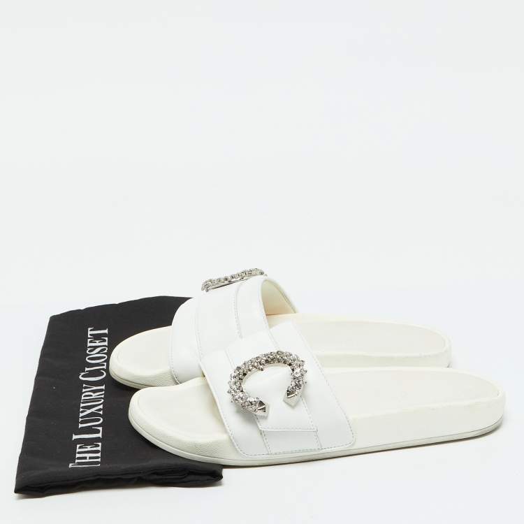 Pre Owned Jimmy Choo White Leather Crystal Embellished Flat Slides Size 41