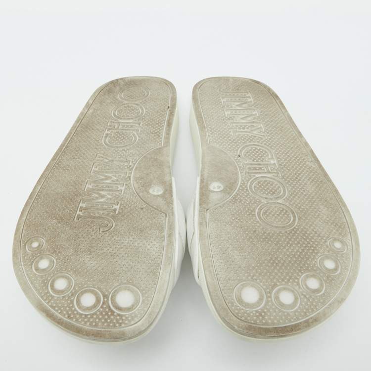 Pre Owned Jimmy Choo White Leather Crystal Embellished Flat Slides Size 41