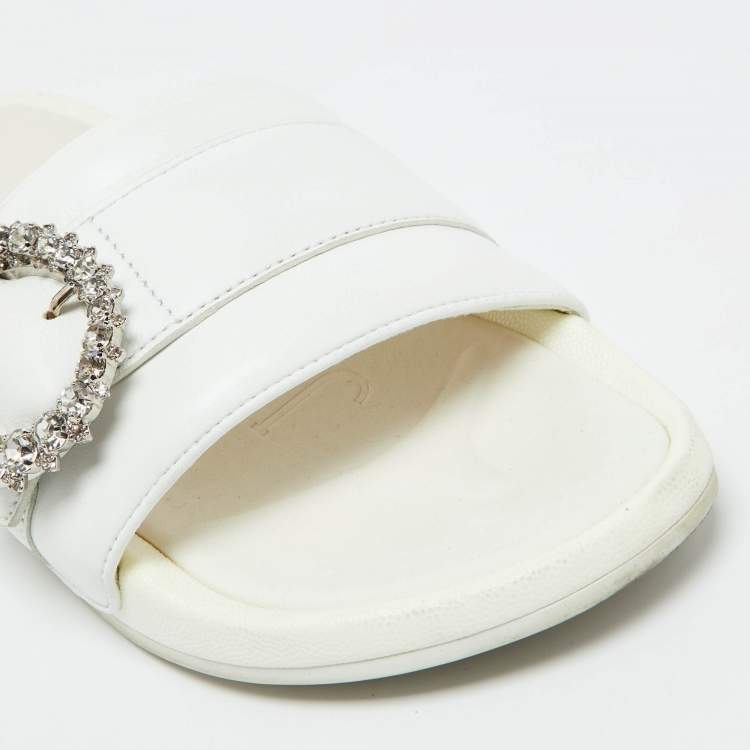 Pre Owned Jimmy Choo White Leather Crystal Embellished Flat Slides Size 41