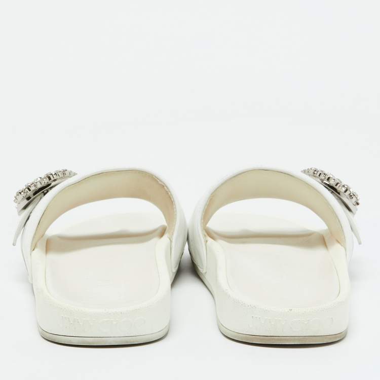 Pre Owned Jimmy Choo White Leather Crystal Embellished Flat Slides Size 41