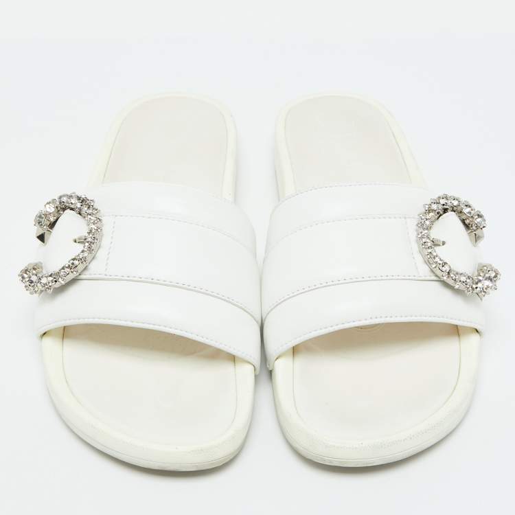 Pre Owned Jimmy Choo White Leather Crystal Embellished Flat Slides Size 41