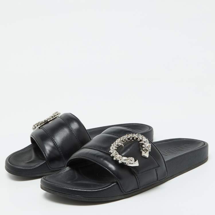 Pre Owned Jimmy Choo Black Leather Crystal Embellished Flat Slides Size 41