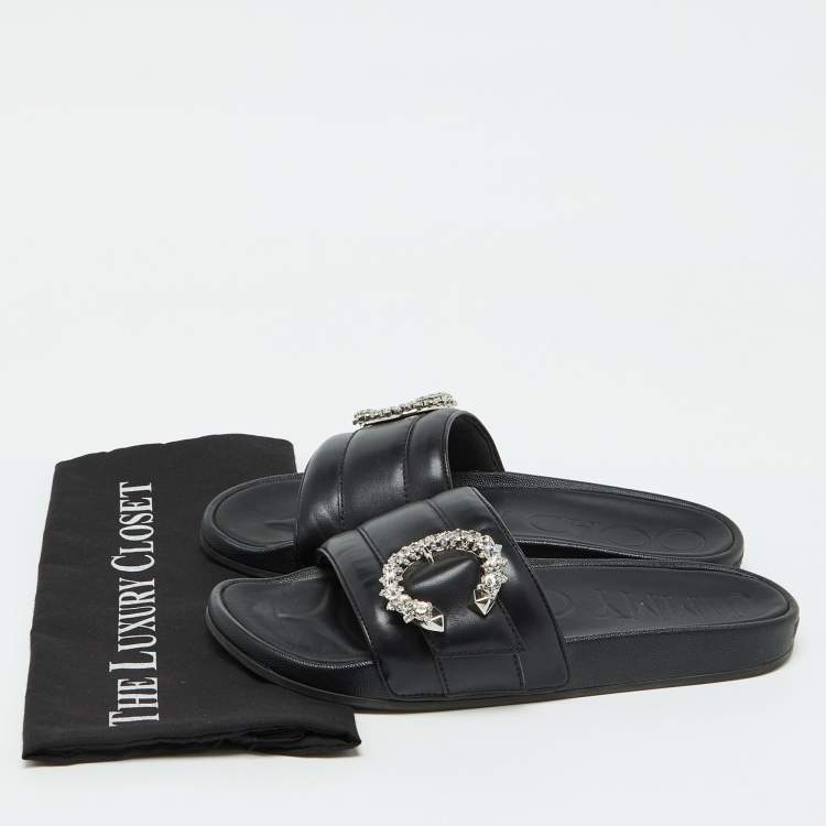 Pre Owned Jimmy Choo Black Leather Crystal Embellished Flat Slides Size 41