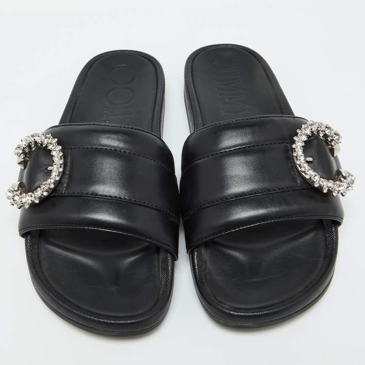 Pre Owned Jimmy Choo Black Leather Crystal Embellished Flat Slides Size 41