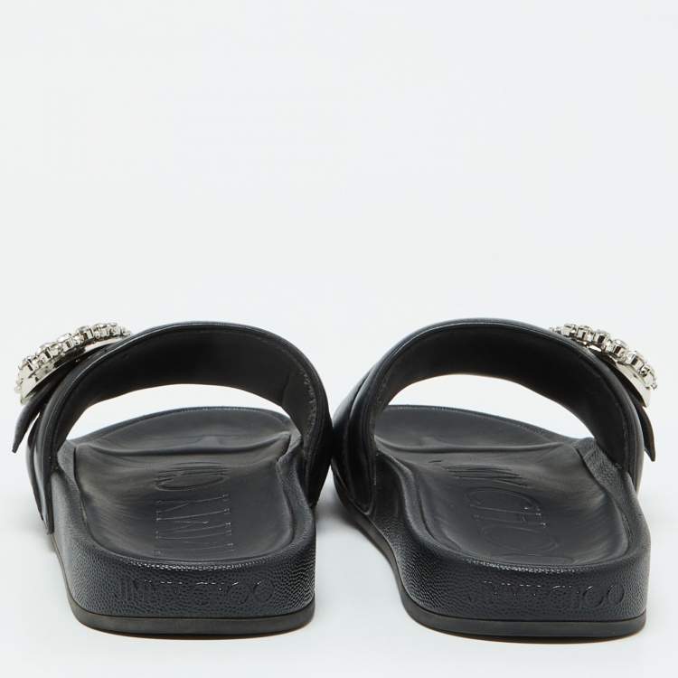 Pre Owned Jimmy Choo Black Leather Crystal Embellished Flat Slides Size 41