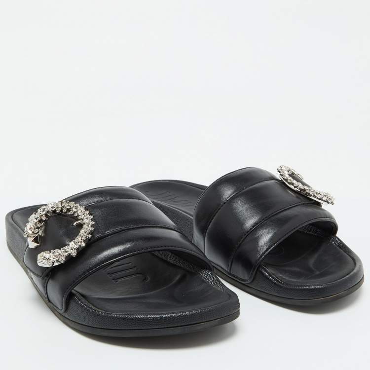 Pre Owned Jimmy Choo Black Leather Crystal Embellished Flat Slides Size 41