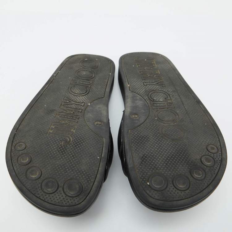 Pre Owned Jimmy Choo Black Leather Crystal Embellished Flat Slides Size 41