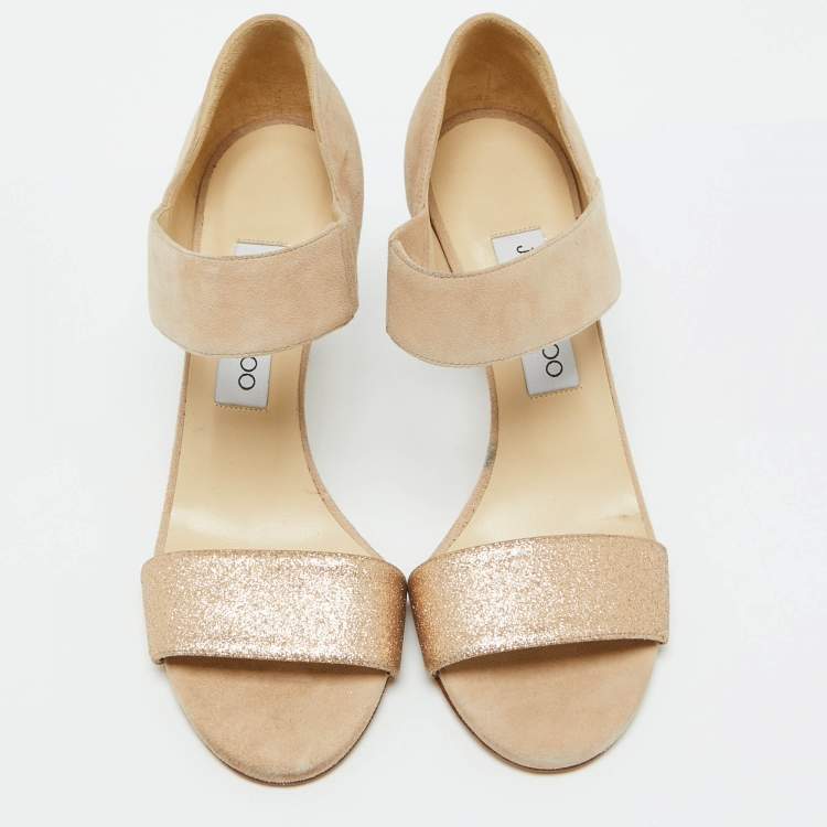 Pre Owned Jimmy Choo Beige Suede and Glitter Tesoro Strap Sandals Size 37.5