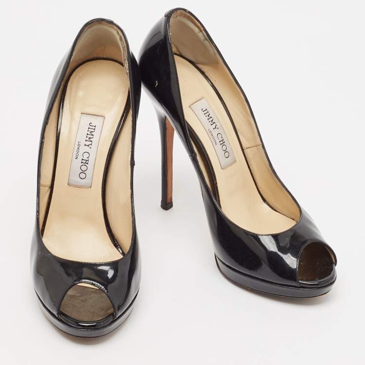 Pre Owned Jimmy Choo Black Patent Leather Cosmic Peep Toe Pumps Size 38.5