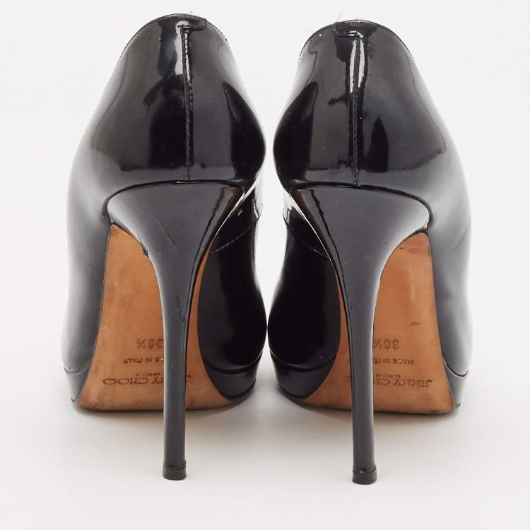 Pre Owned Jimmy Choo Black Patent Leather Cosmic Peep Toe Pumps Size 38.5